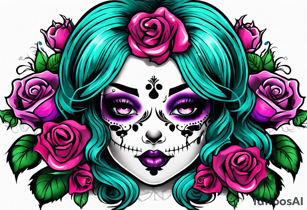 Chubby gothic girl, roses, skulls, teal, pink, purple tattoo idea