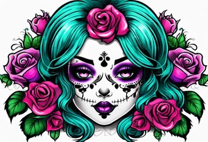 Chubby gothic girl, roses, skulls, teal, pink, purple tattoo idea
