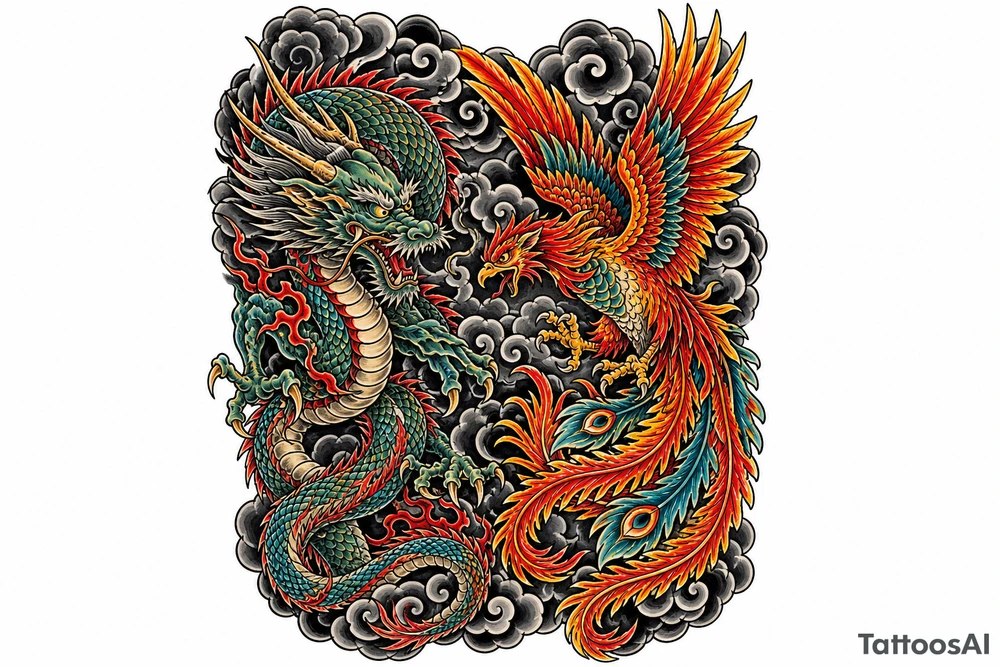 Japanese dragon and phoenix battling amidst dark storm clouds. tattoo idea