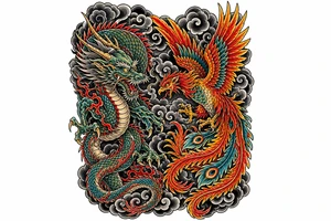 Japanese dragon and phoenix battling amidst dark storm clouds. tattoo idea