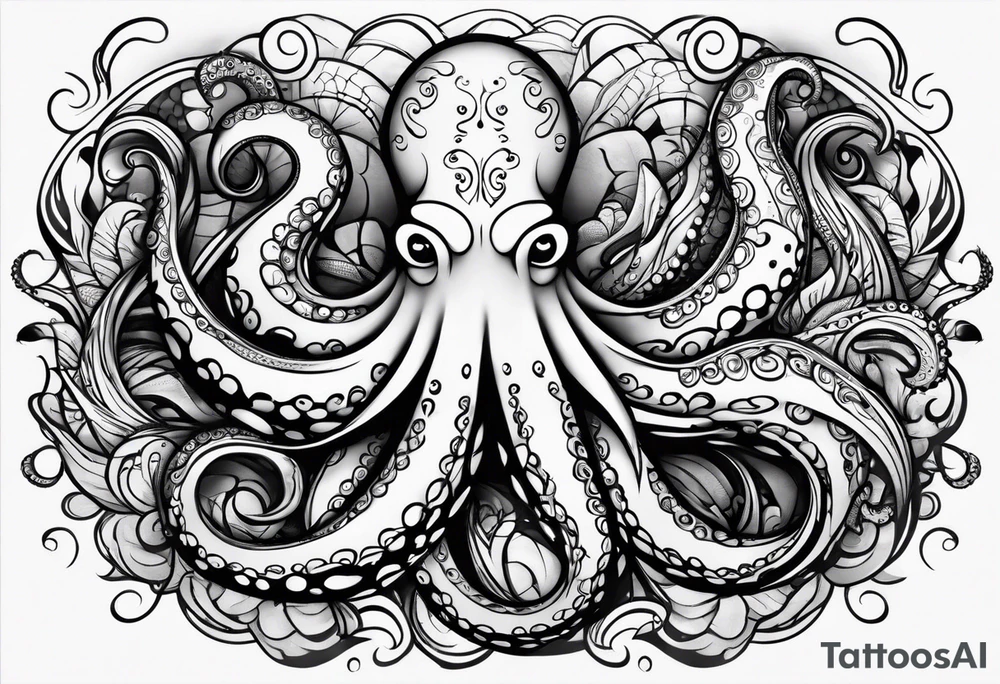 Tribal half sleeve octopus with fish and water waves around it tattoo idea