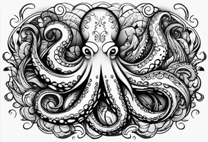 Tribal half sleeve octopus with fish and water waves around it tattoo idea