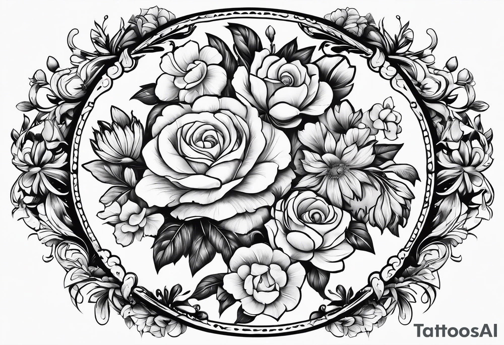 Round boarder completely empty inside surrounded by flowers tattoo idea
