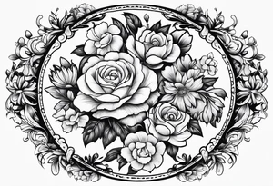 Round boarder completely empty inside surrounded by flowers tattoo idea