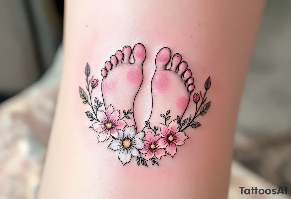 Soft pink and white footprints of Nikol, with a crown of little flowers around the prints, representing her royal and sweet essence. tattoo idea