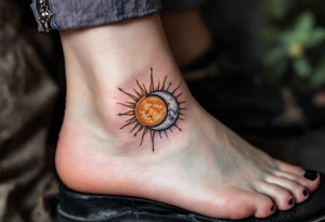 A golden sun and silver moon on each partner’s ankle represent balance and eternal connection. tattoo idea
