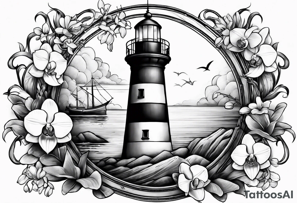 Lighthouse and an anchor and orchids tattoo idea