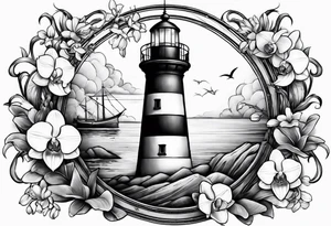 Lighthouse and an anchor and orchids tattoo idea