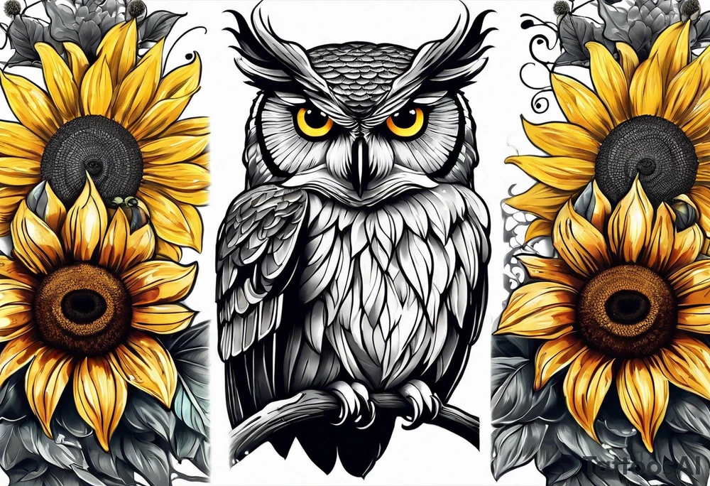 Arm sleeve with an owl surrounded by sunflowers with a butterfly on the sunflower tattoo idea