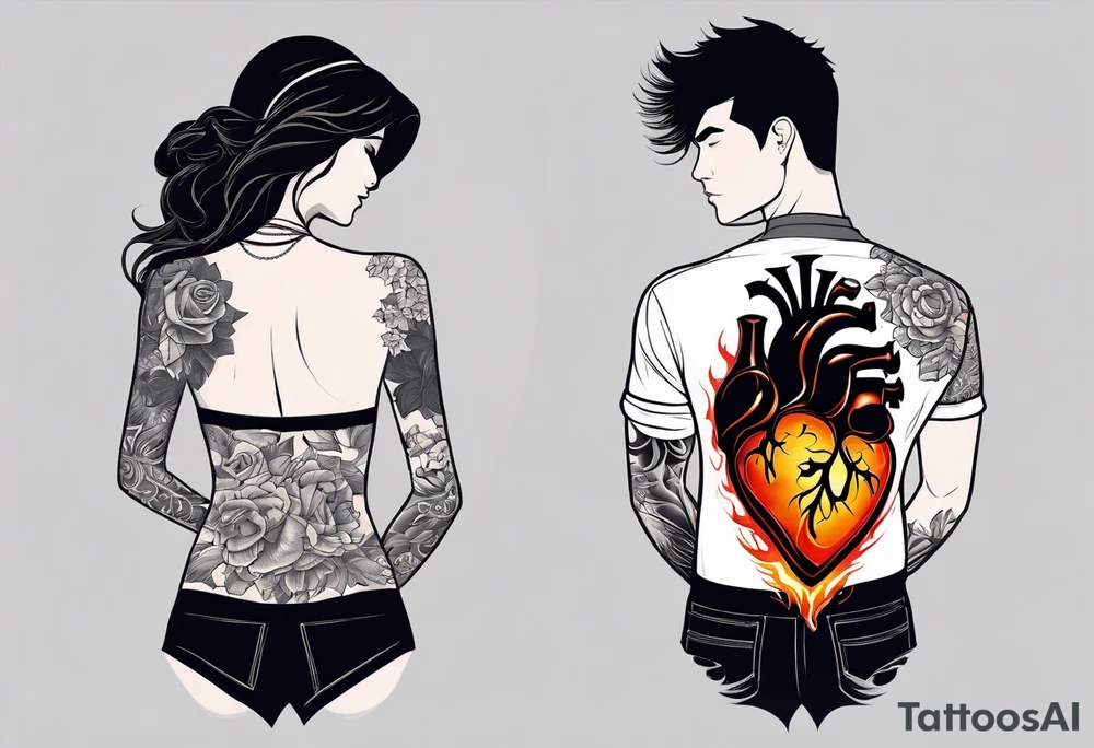 In thiele sfumato. A girl with an empty heart and a guy with a burning heart. They stand back to back tattoo idea