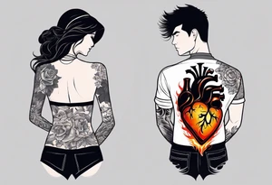 In thiele sfumato. A girl with an empty heart and a guy with a burning heart. They stand back to back tattoo idea