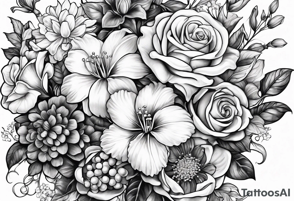 Bouquet of roses, violets, chrysanthemums, morning glories, and lily of the valley tattoo idea