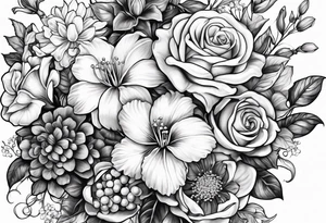 Bouquet of roses, violets, chrysanthemums, morning glories, and lily of the valley tattoo idea