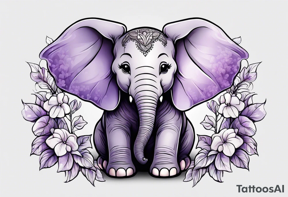 Baby elephant sitting with lilacs in its trunk tattoo idea