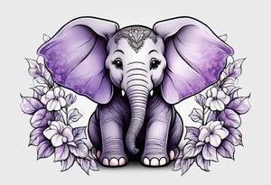Baby elephant sitting with lilacs in its trunk tattoo idea