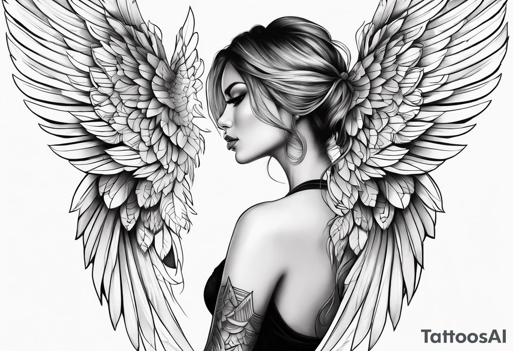 Beautiful woman angle with large wings tattoo idea