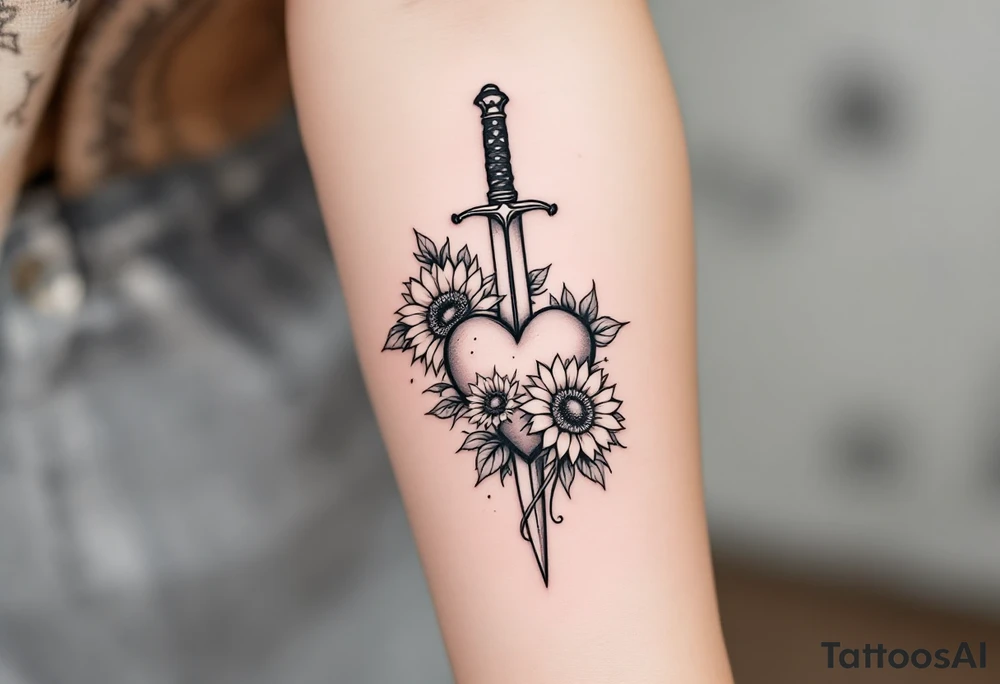 dagger piercing a heart with roses and sunflowers tattoo idea
