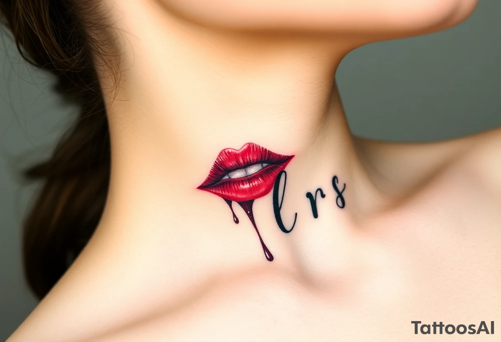 Seductive Stain from lipstick kiss with name lrs lowercase with drool black and white tattoo idea