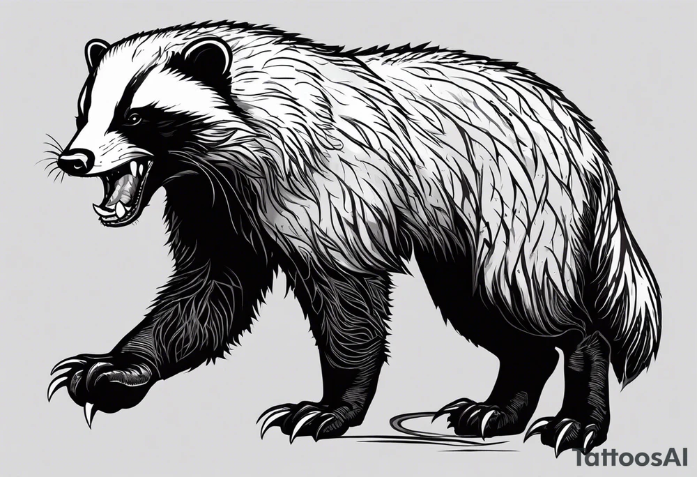 Draw me psychopath Fearless Honey Badger/Berserker with aggressive full body, killer face with a scary smile, very long nails and he attacks like a Bloody Assassin/Warrior/Gladiator to us and also, he has very deadly looking. He fights with his nails only. Everybody scares after their first sight. Give me horror type Badger Tattoo. I want to see his Realistic full body with no weapons. You can show destruction at the back. tattoo idea