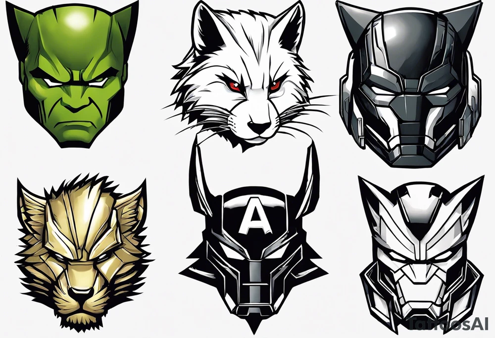 I want to change Avengers Team characters with animals. Hulk will be Badger, Thor will be Alpha Grey Wolf, Captain America will be Bull, Iron Man will be Canary, Black Widow will be Axolotl, Hawk Eye will be Sudan Plated Lizard and Nick Fury will be Cat. tattoo idea