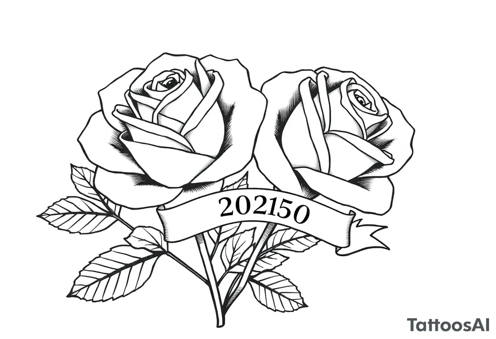 two beautiful large rose buds, one larger than the other, with many leaves next to the rose buds, with one sitting slightly higher than the other, side-by-side.  Include a banner connecting the two roses with the year 2025 on it.   Use dark outlines with little shading. No stems tattoo idea