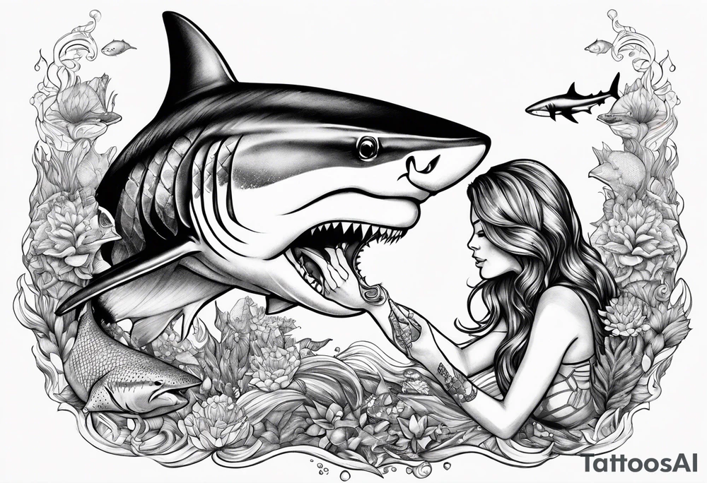 Mermaid feeding a tiger shark tattoo idea