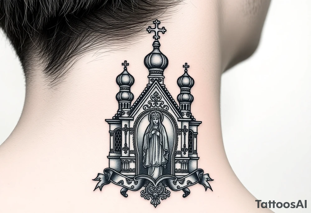 medium traditional russian orthodox church with a russian coat arms and virgin mary tattoo idea