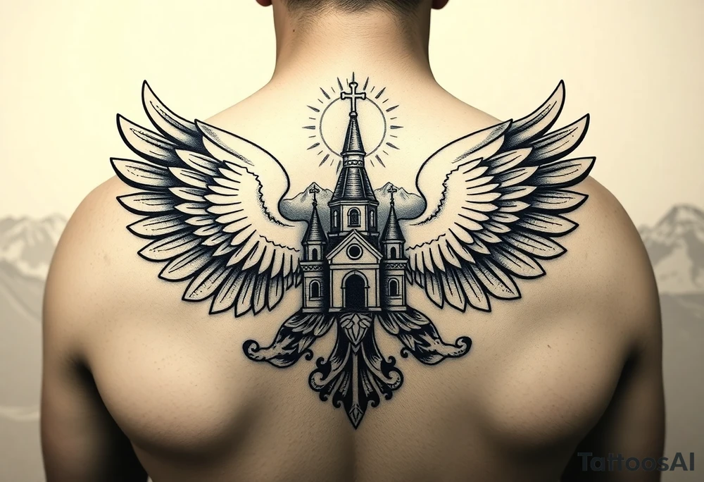 an actual russian coat of arms with the eagles wings spanning out on my back neck across my shoulders / traps with a orthodox christian church being visible in a mountainous sun beaming setting, with the russian orthodox cross spire of the orthodox church being visible on my neck with a sun beaming in the background that the cross sits inside tattoo idea