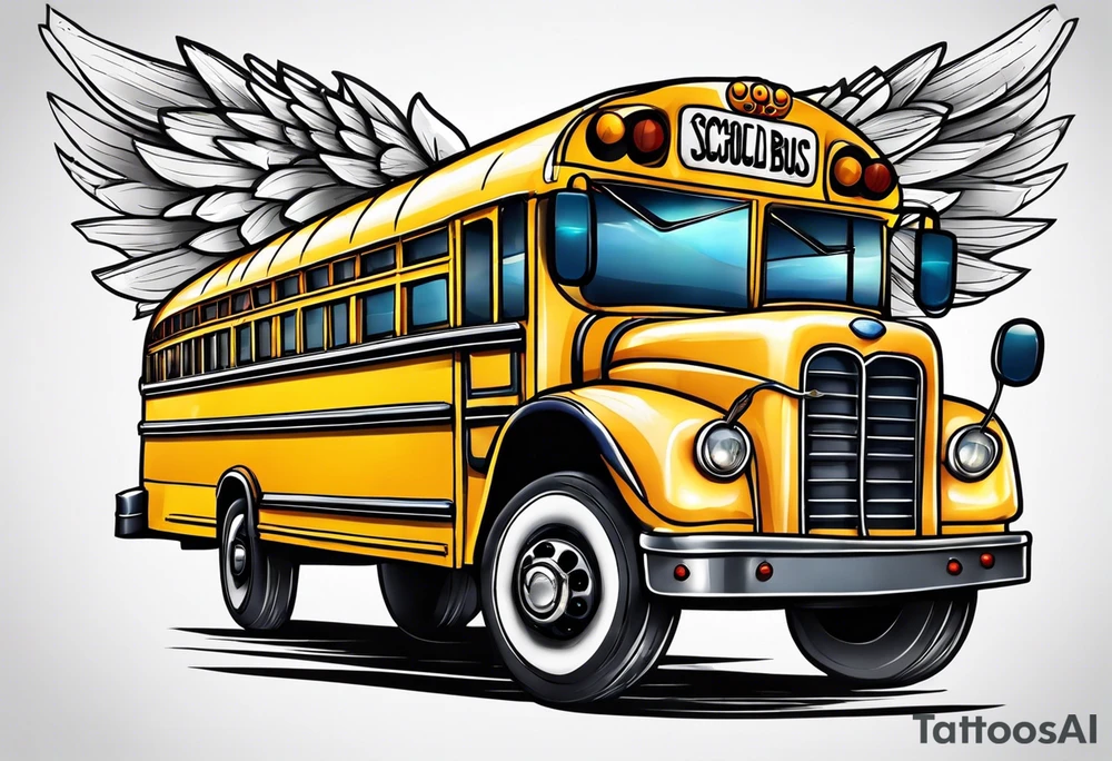 animated school bus with wings tattoo idea