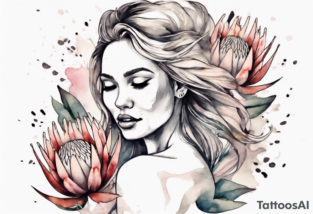 Very feminine tattoo with a woman dancing in a wind of protea flowers tattoo idea