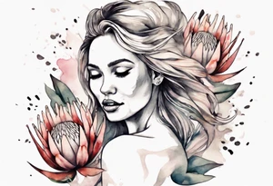 Very feminine tattoo with a woman dancing in a wind of protea flowers tattoo idea