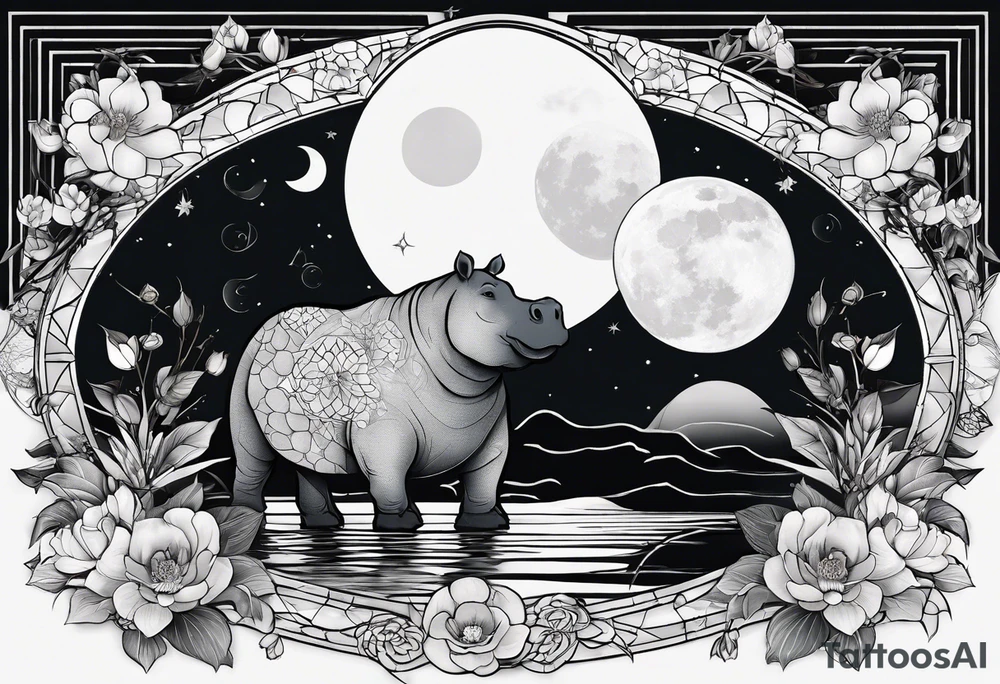 Very asymmetrical, +geometric pattern, with realistic full moon, with seeious looking hippo, with zen feel,
with wintersweet flower bud, +portrait orientation, +inkart touch, tattoo idea