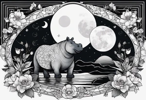 Very asymmetrical, +geometric pattern, with realistic full moon, with seeious looking hippo, with zen feel,
with wintersweet flower bud, +portrait orientation, +inkart touch, tattoo idea