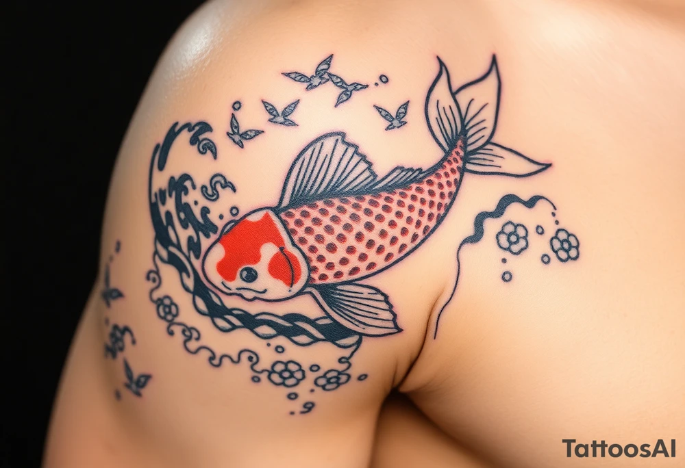 traditional koi fish swimming upstream through turbulent waves tattoo idea