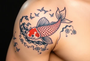 traditional koi fish swimming upstream through turbulent waves tattoo idea