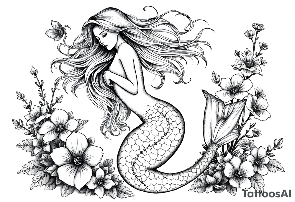 ethereal mermaid with flowing hair among coral and sea flowers tattoo idea