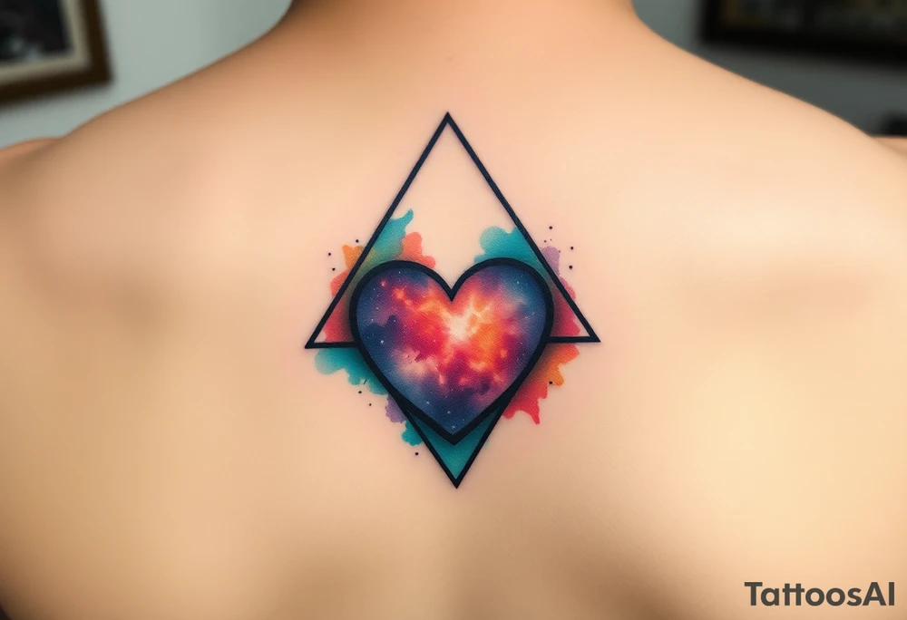 A triangle with a big heart in the center and  
galaxy inside tattoo idea