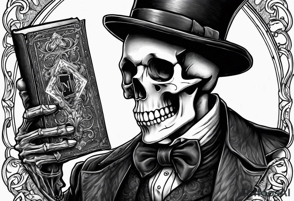 skeleton wearing a top hat holding a bible tattoo idea