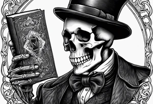 skeleton wearing a top hat holding a bible tattoo idea