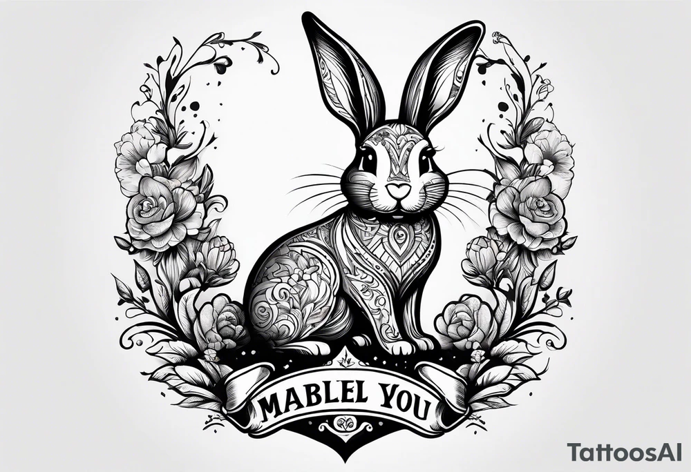 The tattoo is hand drawn. 

Theres a bunny jumping over an axe. Theres a small dog face with the words “Mabel loves you” underneath tattoo idea