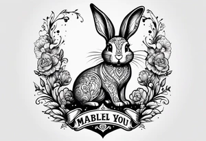 The tattoo is hand drawn. 

Theres a bunny jumping over an axe. Theres a small dog face with the words “Mabel loves you” underneath tattoo idea