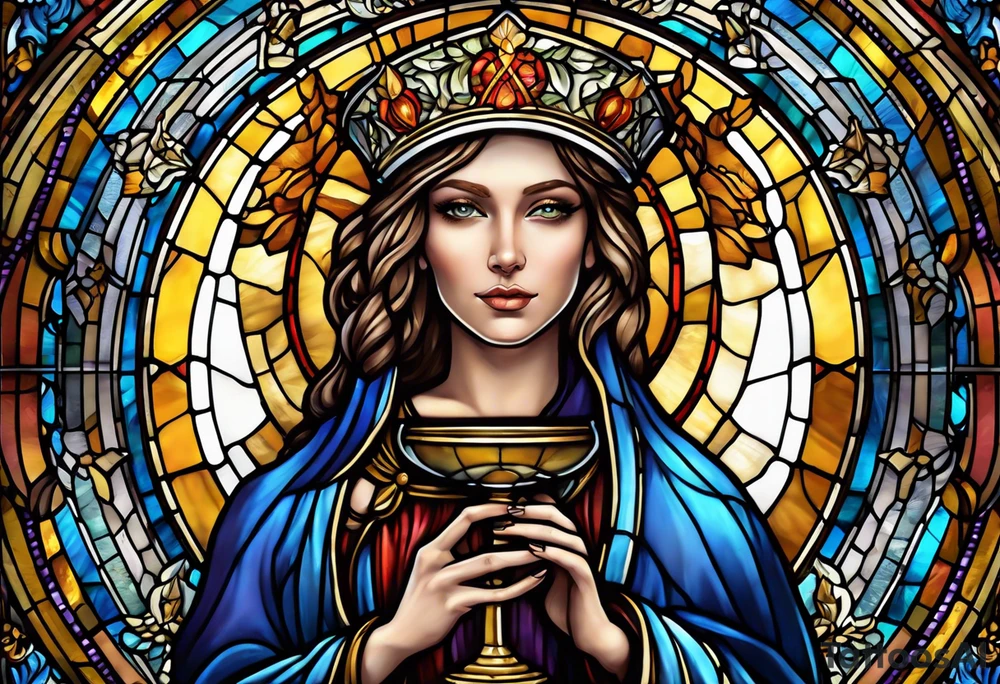 holy saint woman with halo stained glass holding a chalice with artillery tattoo idea