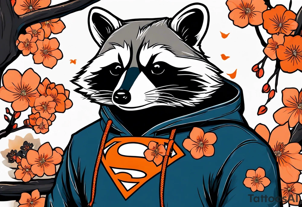 Raccoon wearing a white Superman logo on a black hoodie and orange Japanese cherry blossoms beside tattoo idea