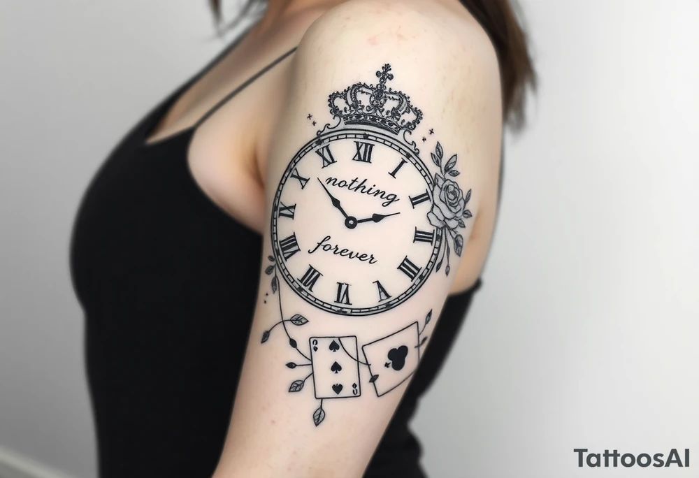 Roman clock with roses and a crown,  a quote that says nothings forever. and on the bottom a deck of cards tattoo idea