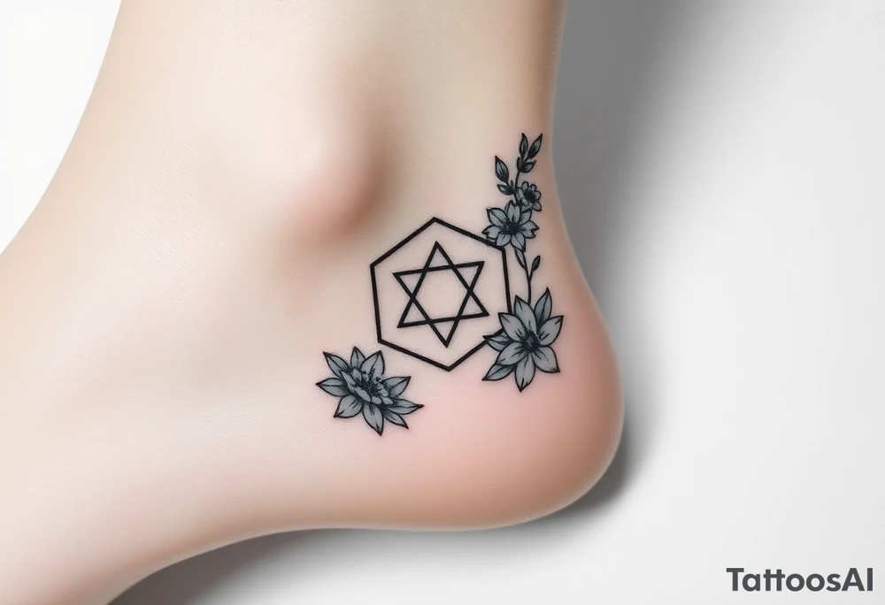 Hexagon Leo symbol larkspurs and water lilies tattoo idea