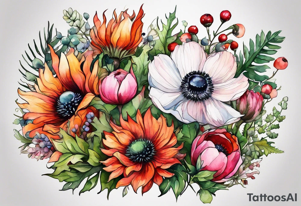 wildflowers with thistles, ferns, white anemones, sun flowers, orange flowers, green flowers, pink flowers, red flowers, berries and all in watercolor tattoo idea