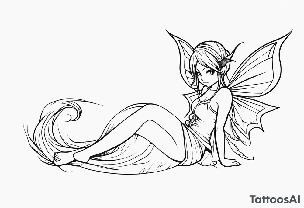No color sketch of a fairy with a tail inspired by the guild symbol in the anime show called Fairy Tail in a fetal position leaning in and forward while crawled in tattoo idea
