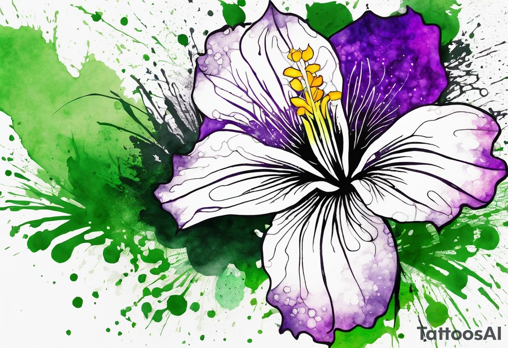 A mystical outline of a rio dipladenia flower and a green/purple watercolor splatter in the background tattoo idea
