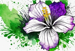 A mystical outline of a rio dipladenia flower and a green/purple watercolor splatter in the background tattoo idea
