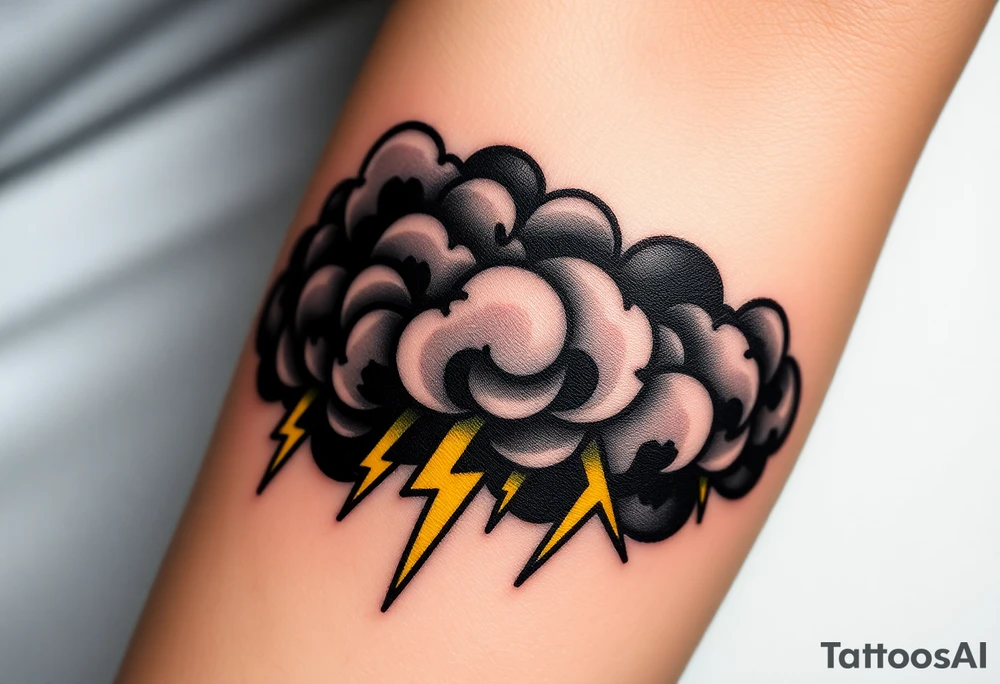 Black dark menacing storm clouds with eerie yellow lightning bolts tattoo idea
